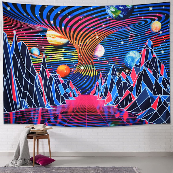 Tapisserie Blacklight Tapisserie UV réactive Trippy Mountain and Planet Tapisserie Psychedelic Neon Tenture murale pour chambre