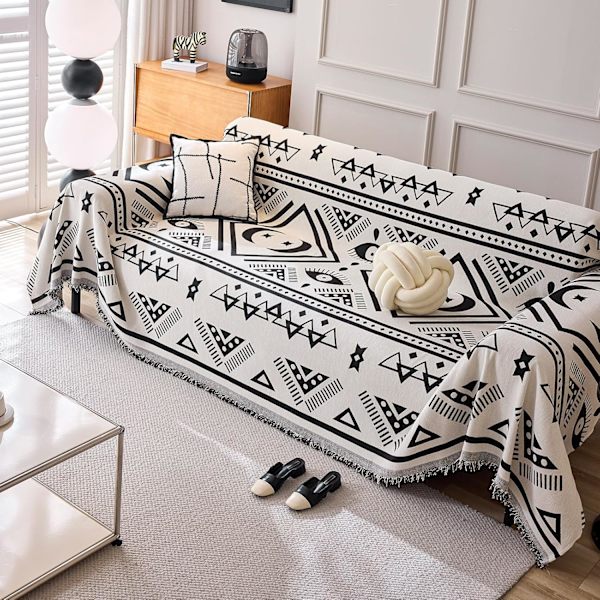 Reversibel sofföverdrag Chenille Jacquard Geometrisk Boho Sofföverdrag, Beige Svart Soffa Överdrag för Sektionssoffa Chic Möbelskydd 180x150