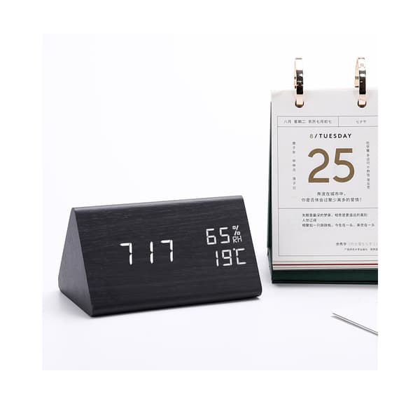 Træ Trekant LED Vækkeur Digital Desktop Termometer Elekt