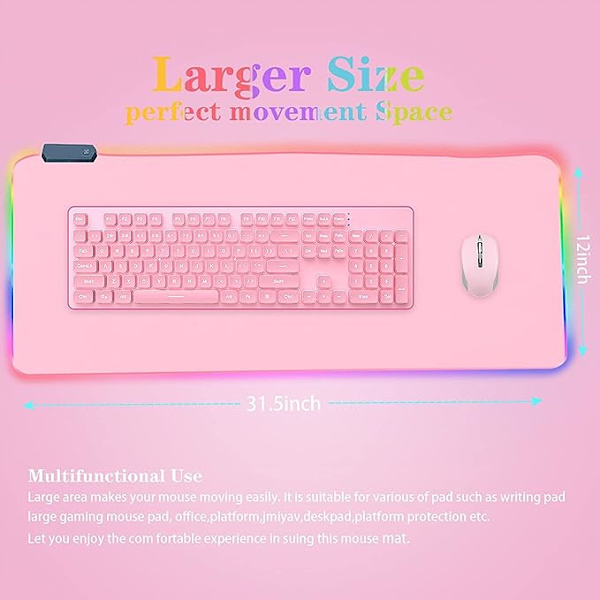 Pink RGB Gaming Mouse Pad 31.5x12 Tommer PC XL Stor Udvidet Glowi