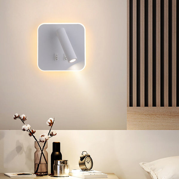 Væglamper LED-sengelampe Indendørs Hotel Væglampe Seng Væglamper Korridor Væglampe med 3W+10W Afbryder (Firkant) (Firkant,Hvid)