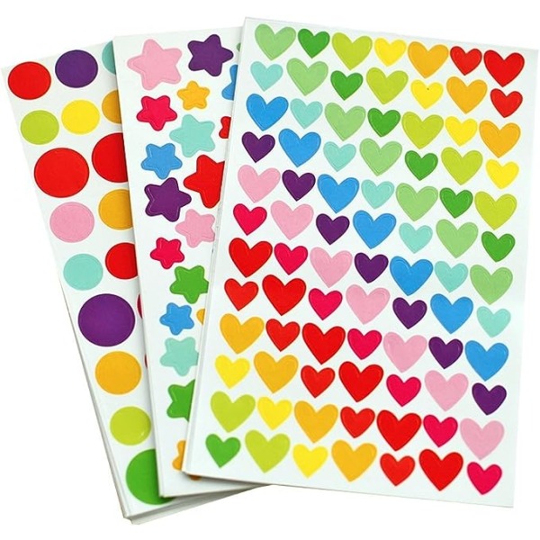 6 ark färgglada prickiga hjärtan och stjärnformade självhäftande klistermärken, för klippbok