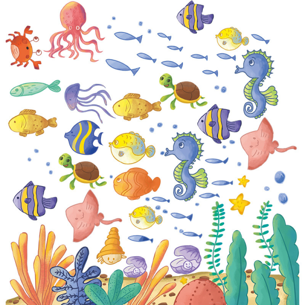 En set väggklistermärken Tecknad undervattensvärld liten korallfisk
