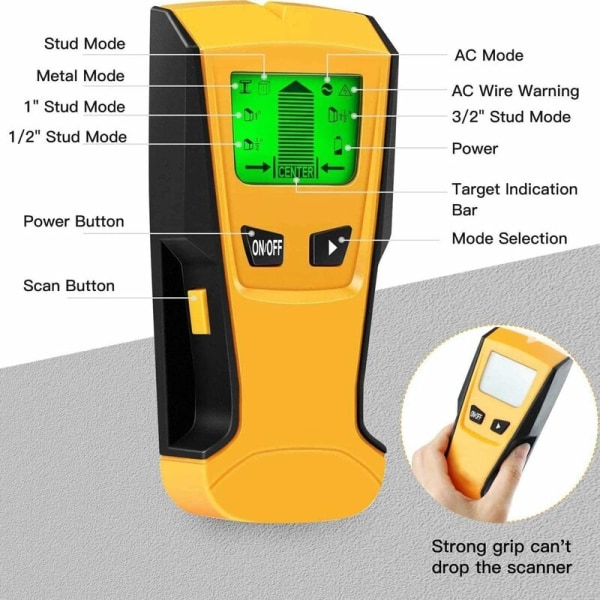 3 i 1 veggdetektor, elektronisk stenderdetektor, detekterer metaller, elektriske ledninger, fuktighet, treplugger i vegger, gulv og tak, hørbar pipelyd, makaronbakgrunnsbelyst LCD-skjerm
