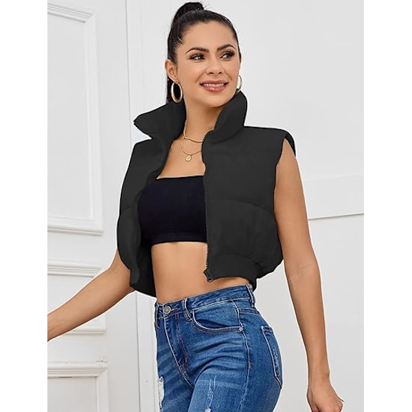 (M) Kvinnors Vadderad Dunväst Puffer Stå Krage Zip Up Crop Ärmlös Jacka