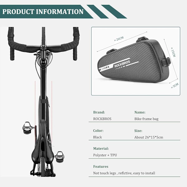 Cykelramme Taske, Reflekterende Trekant Taske Sort 1.2L