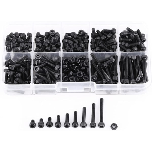280-dels Kapellhuvud Insexskruv Mutter Sortiment Svart M3 12.9 Metrisk Maskin Fästningssortiment Kit, Gänglängd 4/5/6/8/10/12/16/20mm