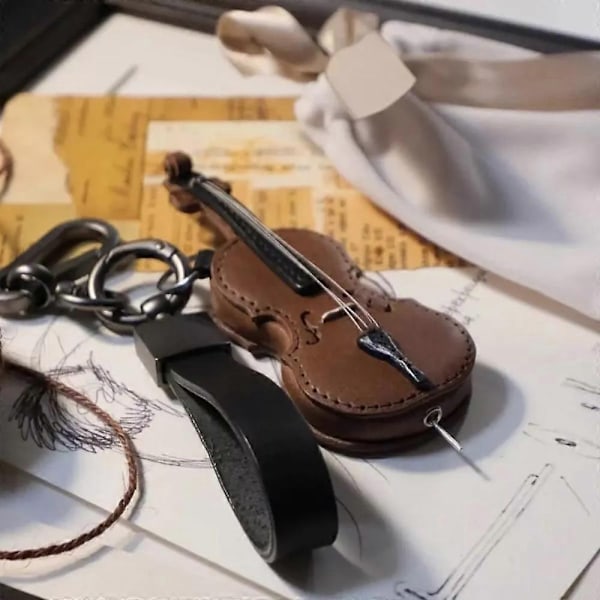 Håndlavet Læder Violin & Cello Nøglering, Musikalsk Instrument Nøglering