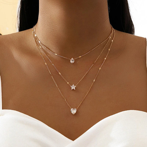 Krystal Zirkon Hjerte Stjerne Charm Lagdelt Vedhæng Halskæde Sæt til Kvinder Charms Mode Rhinestone Kvindelige Vintage Smykker