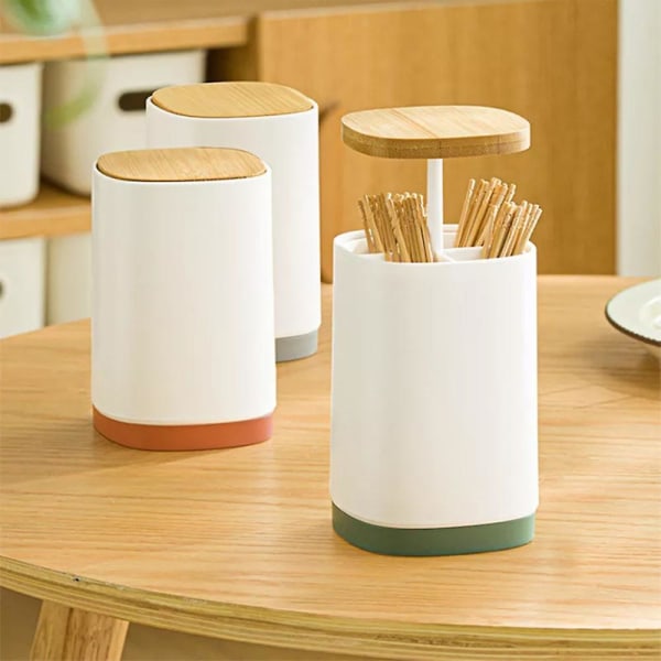 Wooden toothpick storage box with automatic pop-up press (green)