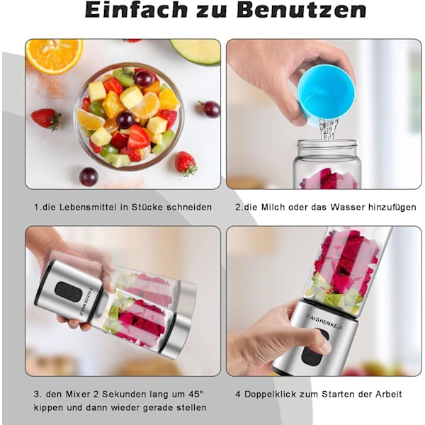 Blender Mixer, 400ML Bærbar Smoothie Blender Mini Mixer med 6 Rustfri Stål Blade, USB Mini Blender til Juice, Shakes og Babymad
