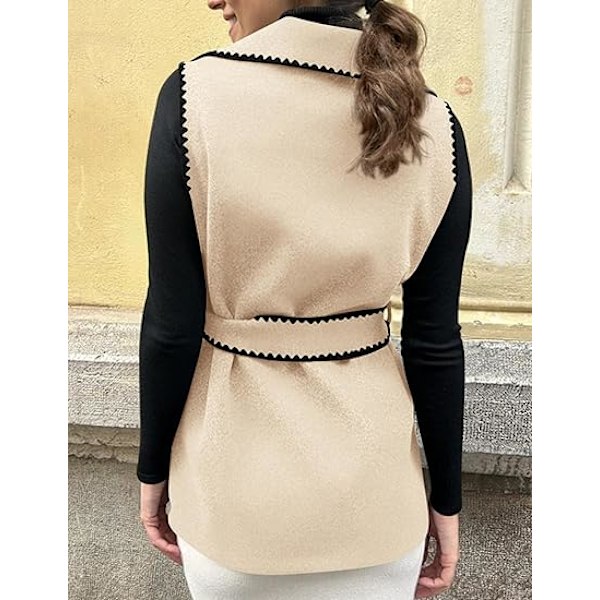 (M) Dame Vinterjakker V-hals Knapper Belte Lommer Ermeløs Cardigan Høst Varmt Lang Vest Jakker