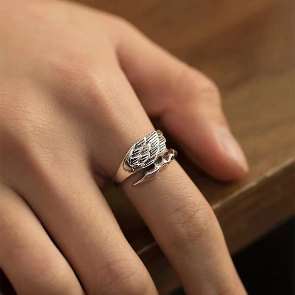 Engle Demon Vinger Justerbar Minnesmerke Fint Sterling Sølv Åpen Tommel Ring Dame