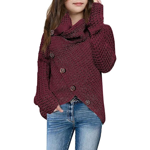 Jentes gensere knapp turtle krage asymmetrisk kant wrap pullover
