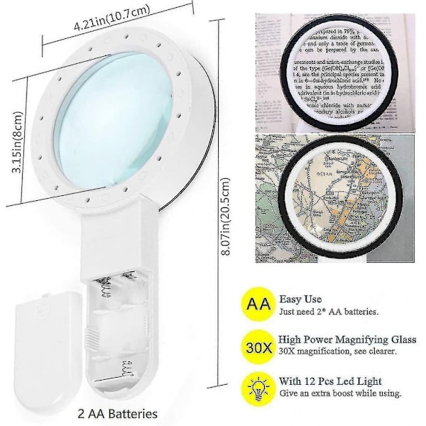 Förstoringsglas med ljusläsningsförstoringsglas, 12 LED-lampor 30x belyst 1 st