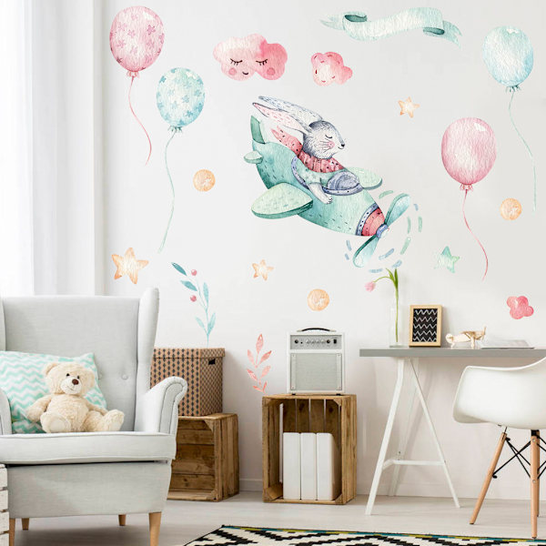 Farverig sød kanin ballon fly Wall Sticker Børneværelse Baby Nur