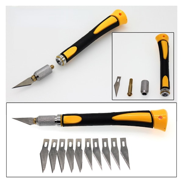 Skalpell med 10 rustfrie blader, presisjonskutter, modellbyggingsskalpell, for DIY kunstverk-kutting, uthuling, skulptur, hobbykniver, gul