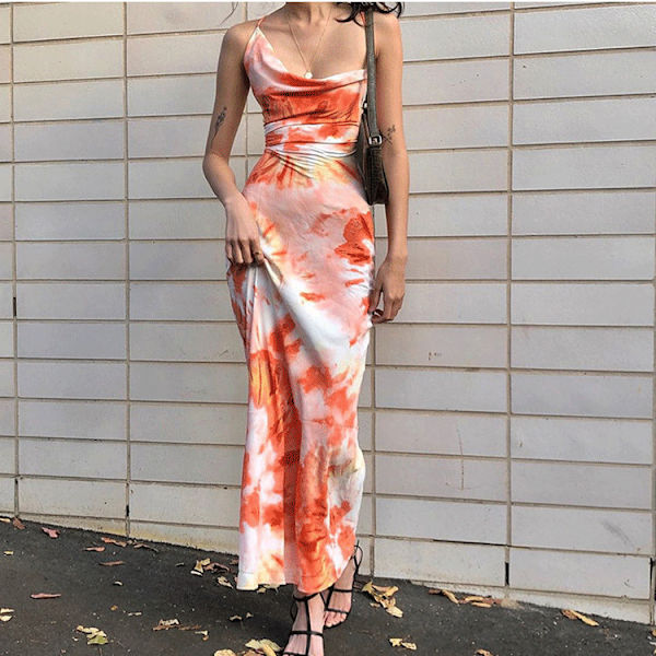 Kvinder Sexet Ærmeløs Spaghetti Stropper Split Satin Kjole Tie Dye B