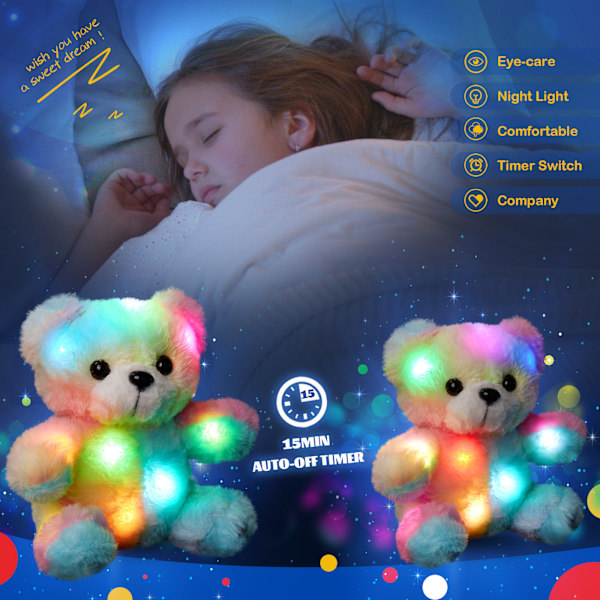 LED Plysj Teddybjørn Fargerik Lys Opp Fylt Dyr Slapp Nattlys
