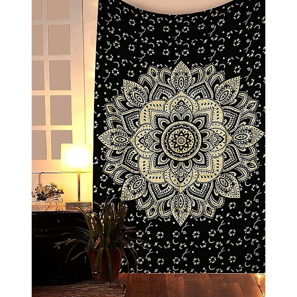 Gull Mandala Gobelin Soverom Estetisk - Indie Veggteppe Hippie Rominnredning - Boho Gobeliner - Trippy Liten Gobelin Veggteppe - Svart Gull Veggkunst 52x60 Tommer