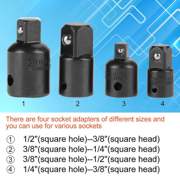 4 stk. hylseadapter-nøkkel i krom-vanadiumstål (svart)