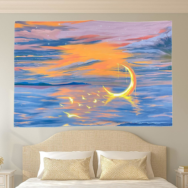 Estetisk väggbonad för rumsdekoration, måne som stiger över havet, landskapstapet, hippie-boho-tapeter för sovrum 150*100 cm