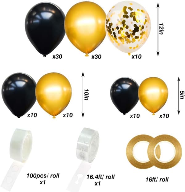 Sort og guld ballonbue guirlande sæt med sort guld konfetti