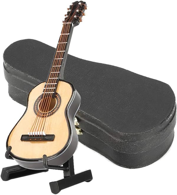 10CM Miniatyrgitarr, Trä Mini Gitarr Skrivbordsdisplay Mini Musikaliska Prydnader Hantverk Heminredning med Stativ och Låda