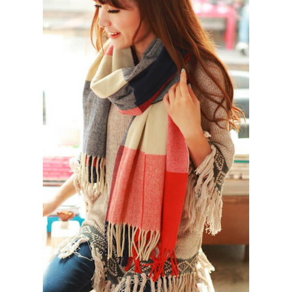 Vinterhalsduk Kvinna Rutiga Lång Varm Halsduk Stor Mjuk Sjal Scarves Tofsar Elegant Wrap Sjal Stoles Halsduk(195*65cm)