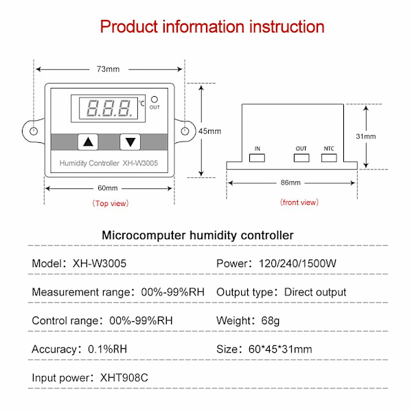 Digital Luftfugtighedskontrol Multifunktionel Praktisk Høj Præcision Digital Luftfugtighedskontrol Hygrometer Switch (220V)