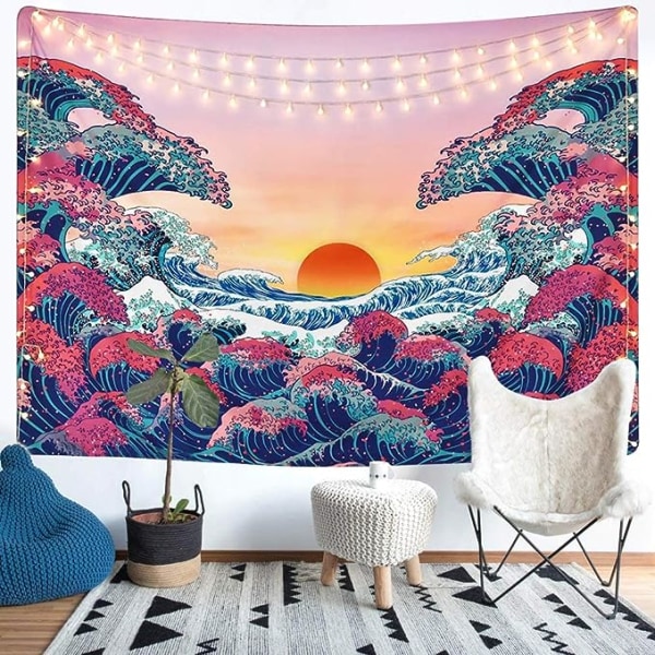 Great Wave Ocean Wall Hangings Orange Sunset Wall Tapestry with N