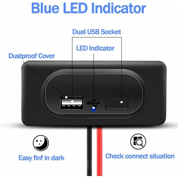Dobbelt USB-billader-stikkontakt 12V/24V 3.1A USB-billaderpanel Vandtæt opladningsstik til motorcykel, campingvogn, lastbil, autocamper, både