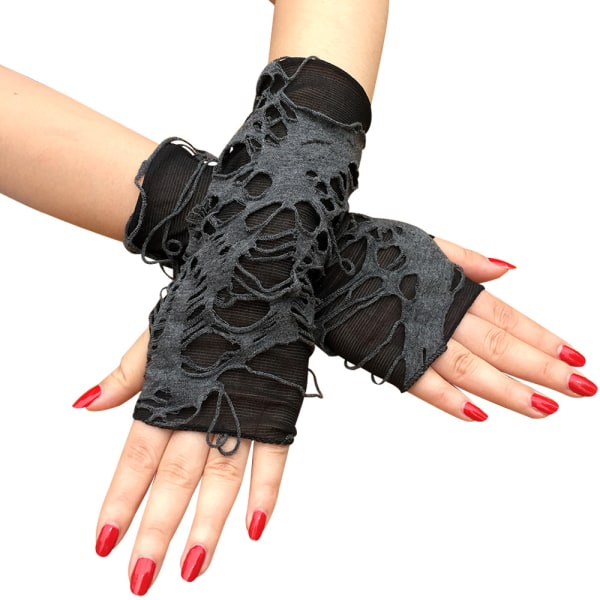 Women's Punk Fingerless Glove Cosplay Ripped Gloves for Halloween