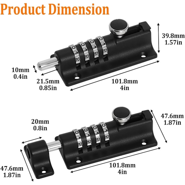 Kombinationslås 2 stk., 4-cifret kombinationsdørlås, 120 mm kode
