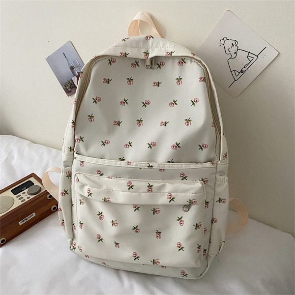 Söt Preppy Väska Blommig Tryckt Kawaii Ryggsäck Estetisk Ryggsäck Laptop Dagryggsäck (Vit)