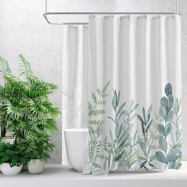 Extra bred duschdraperi för klofotbadkar, 72 x 72 All Wrap Around Green Plant Leaves Duschdraperi, Vattenfärg Eucalyptus Leaf Vattentät tyg Duschdraperi för badrumsdekor