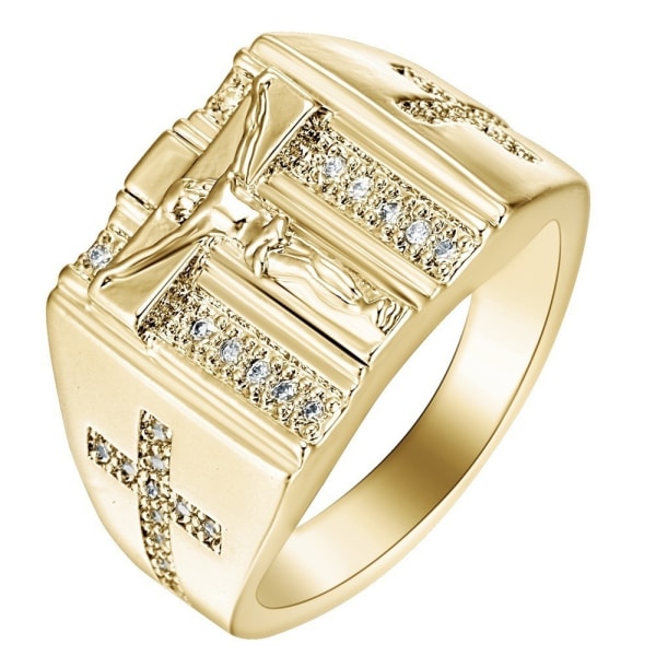 Mænds Ring Cross Ring belagt 18 k gul guld Jesus indlagt diamant smykker