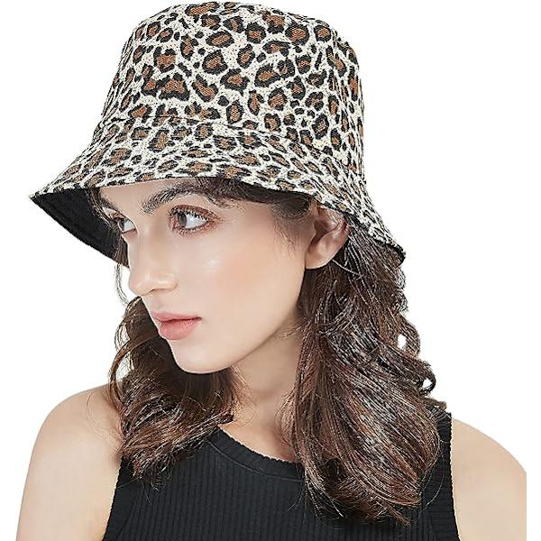 Reversibel Leopard Bucket Hat Bomull Fiskehatt Packable Cheetah Solhatt för Kvinnor och Män