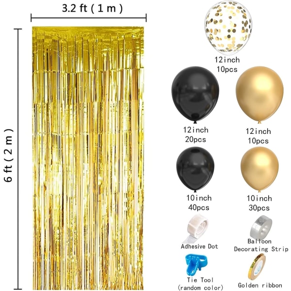 Svart og gull ballongbue sett 112 stk svart og gull festdekorasjoner med 2 stk gull glittergardiner for nyttår bursdag konfirmasjon jubileumsfest
