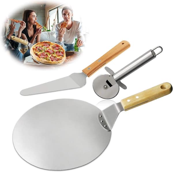 3 st Pizza Cutter, Pizzaspade, Rostfritt Stålkaka Spade Trä