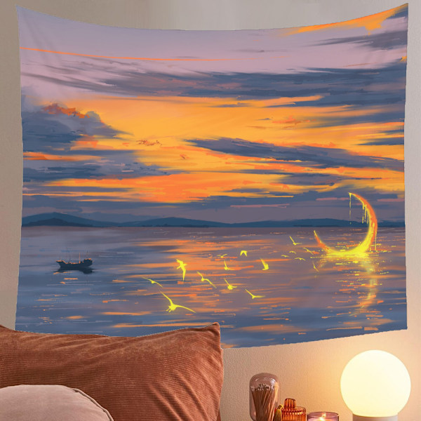 Estetisk väggbonad för rumsdekoration, måne som stiger över havet, landskapstapet, hippie-boho-tapeter för sovrum 150*100 cm