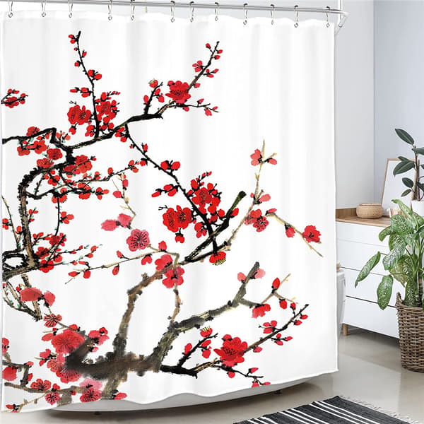 Kirsebærblomster Bruseforhæng Rød 180 x 180 cm Badeforhæng Polyester
