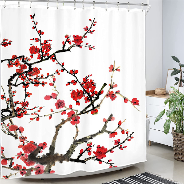 Körsbärsblomma Duschdraperi Röd 180 x 180 cm Badgardin Polyestertyg Mögelbeständig Vattentät Tvättbar Badrumsdraperi med Krokar för Badkar