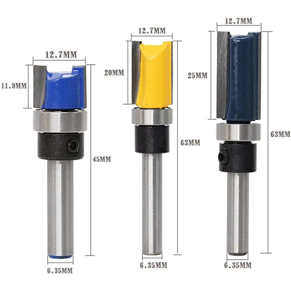 3 kpl 6,35 mm varren syvätyöhöylä terä pohjakuulalaakerilla kopioleikkurilla jyrsinterä puuntyöstöön - Leikkuuterän koko 11,9, 20 mm, 25 mm