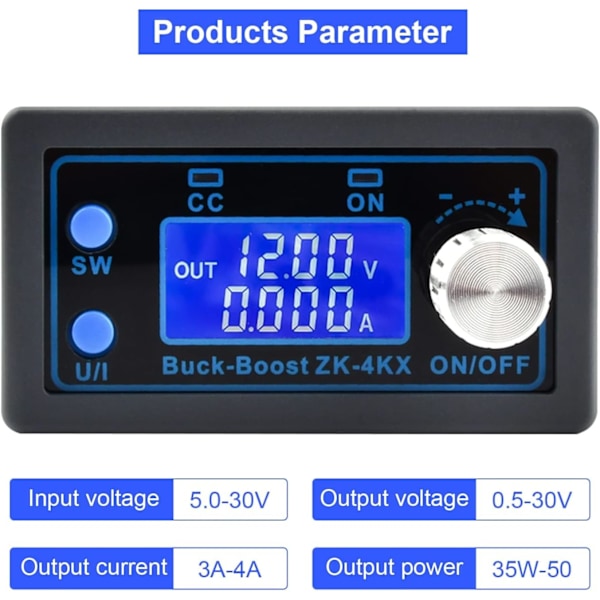 DC Buck Boost Converter Variabel Spänningsregulator CC CV Strömförsörjningsmodul 0.5-30V 4A 5V 6V 12V 24V LCD-skärm Justerbar Spänning Lab Strömförsörjning