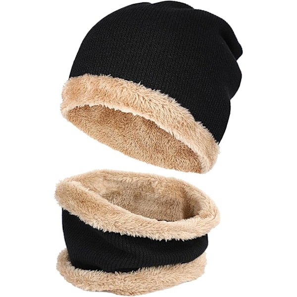 Knitted Winter Set Beanie Scarf 2 in 1, Warm Stretchy Winter Scarf Tube Hat for Men Women with Fleece Lining, Black