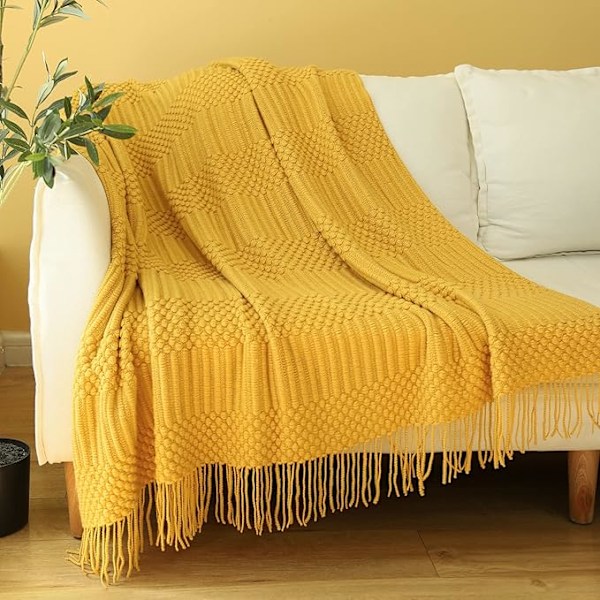130*172CM Strikket Pled til Sofa, Seng og Sofa. Super Blød Pled med Kvaster, Gul Pled, Letvægts & Hyggelig Hjemmeindretning