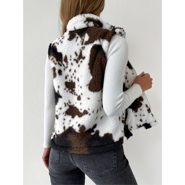 (M) Kvinders Ko-Print Fleece Fuzzy Lynlåsvest Jakke Ærmeløs Yderbeklædning med Lommer
