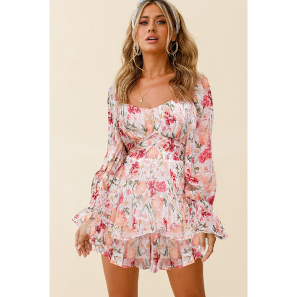 Jumpsuit Lantern Langærmet Ruffle Lag Tie Mini Short Romper-pink,M