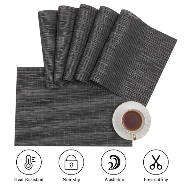 Sett med 6 svarte vaskbare PVC-brikkeunderlag, 45x30cm